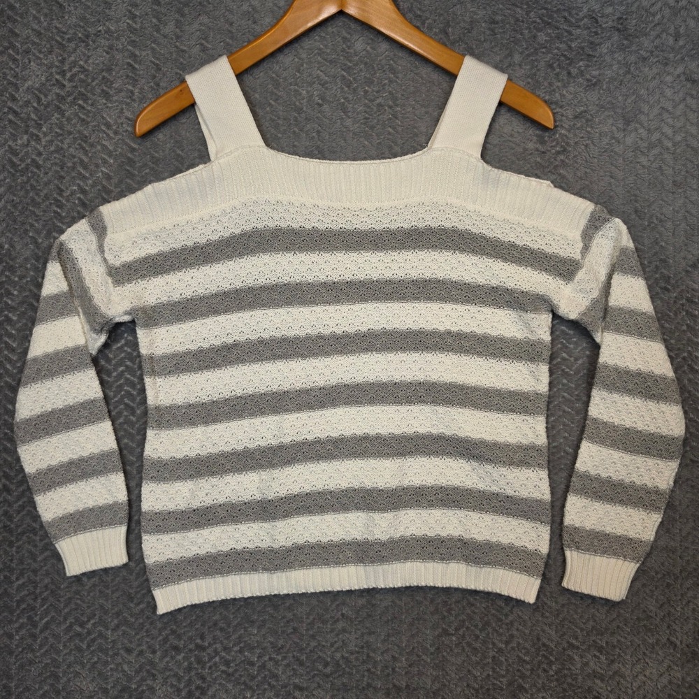 Preppy Boho Cold Shoulder Striped Pointelle Knit Sweater White Grey Square Neck